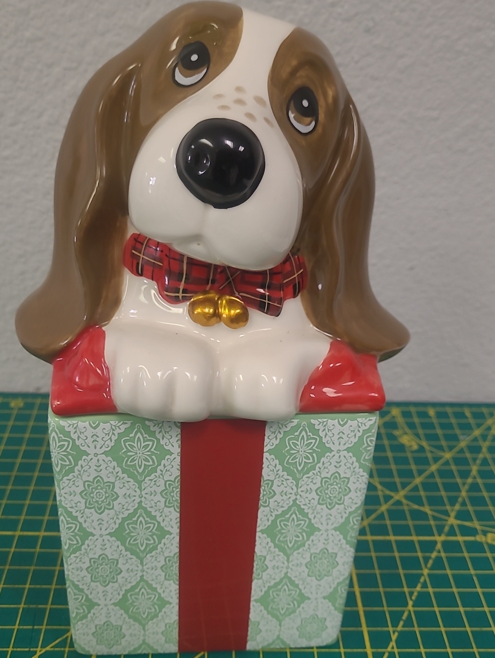 The Pioneer Woman Brown & White Dog Treat Canister with Red Bow and Gold Bells